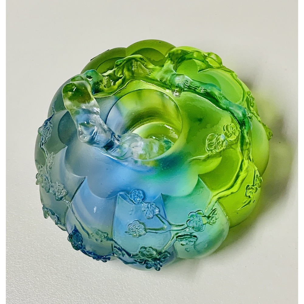 VTG '98 Liuligongfang Asian Green Blue Crystal Art Lotus Decorative Signed RARE! - Picture 7 of 12